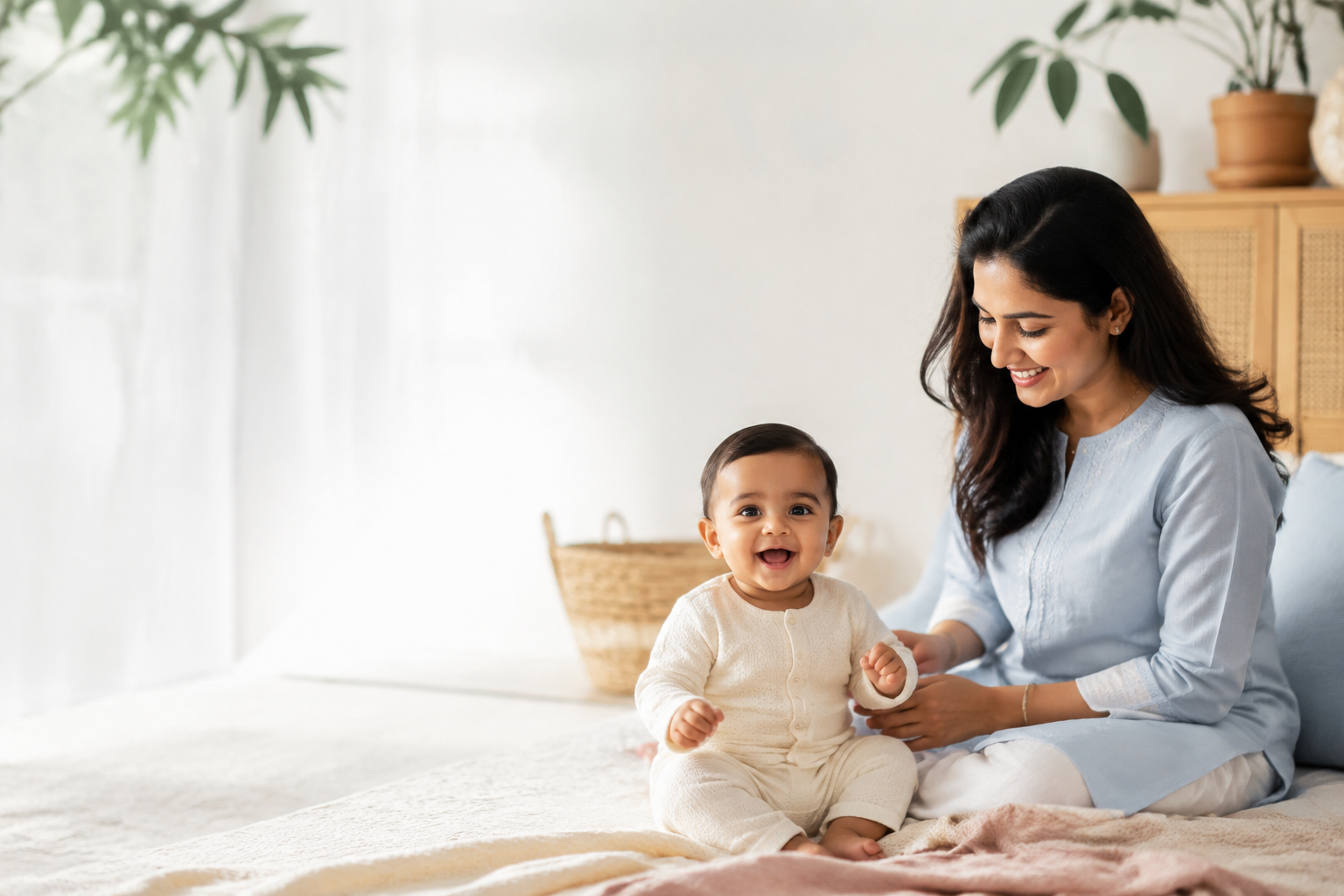 A mother sharing a gentle morning moment with her baby