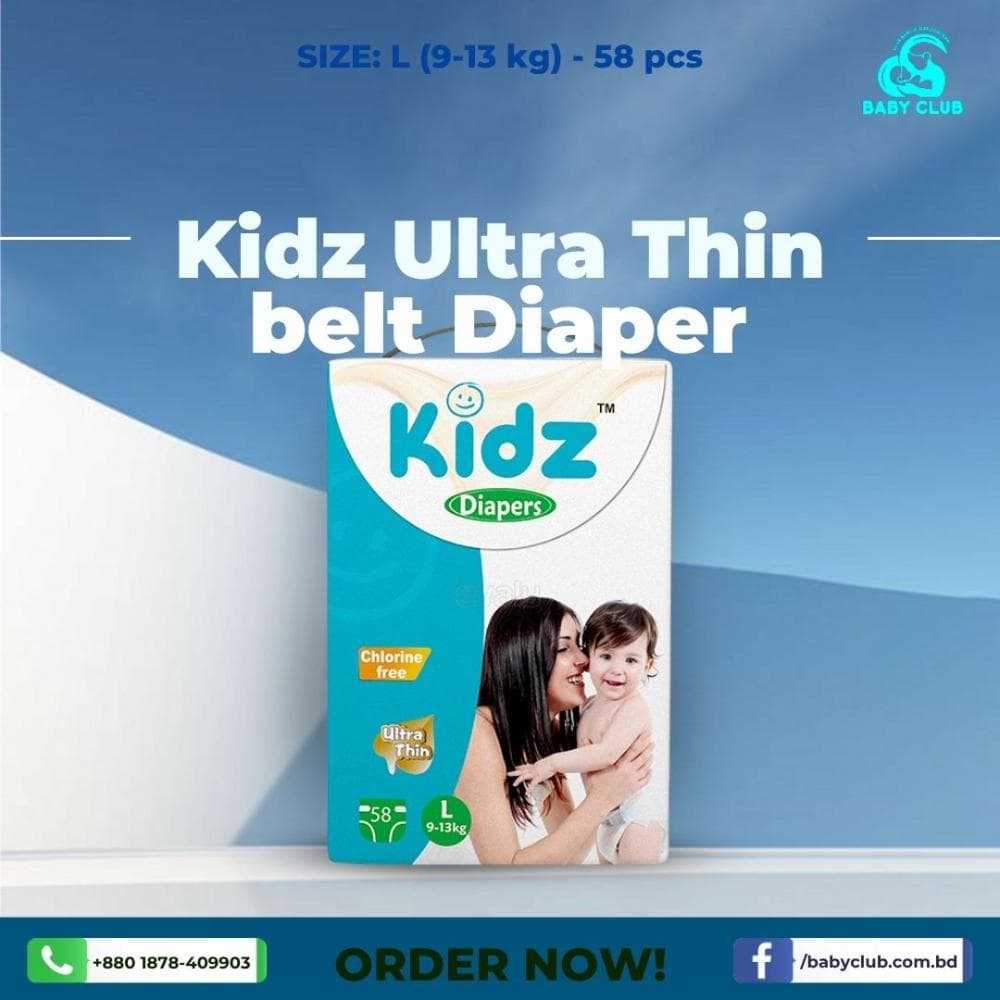 Kidz Ultra Thin Belt Diaper L (9-13 kg)- 58 pcs